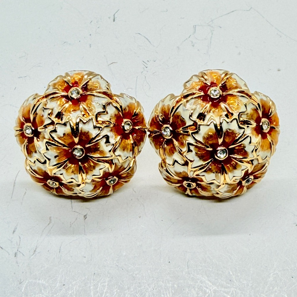 RARE Judith Leiber White Orange Enamel Flowers Clear Rhinestone Clip On Earrings